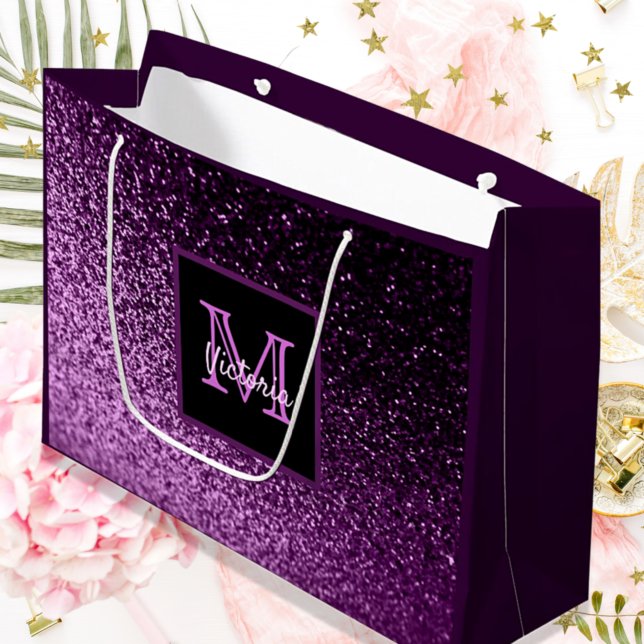 Bolsa De Regalo Grande Purpurina púrpura de cumpleaños monogramado (Subido por el creador)