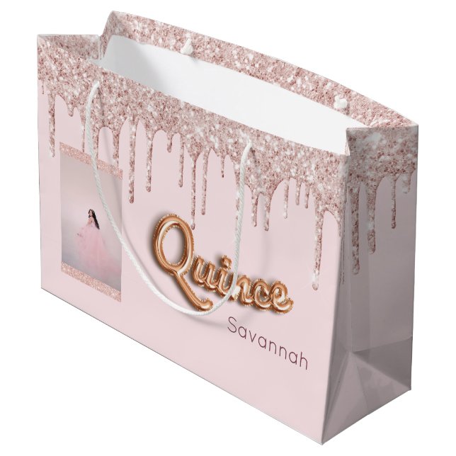 Bolsa De Regalo Grande Purpurina rosa de Quinceanera rosa de foto de oro (Angulo reverso)