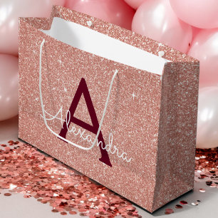 Bolsa De Regalo Grande Purpurina Rosa Rosa Dorado Borgoña Esparkle Monogr