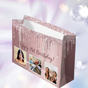 Bolsa De Regalo Grande Purpurina rosa rubor de cumpleaños goteo personali