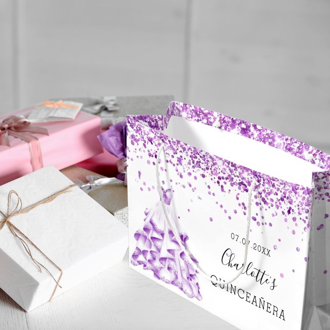 Bolsa De Regalo Grande Quinceanera blanco purpurina polvo vestido nombre (Subido por el creador)