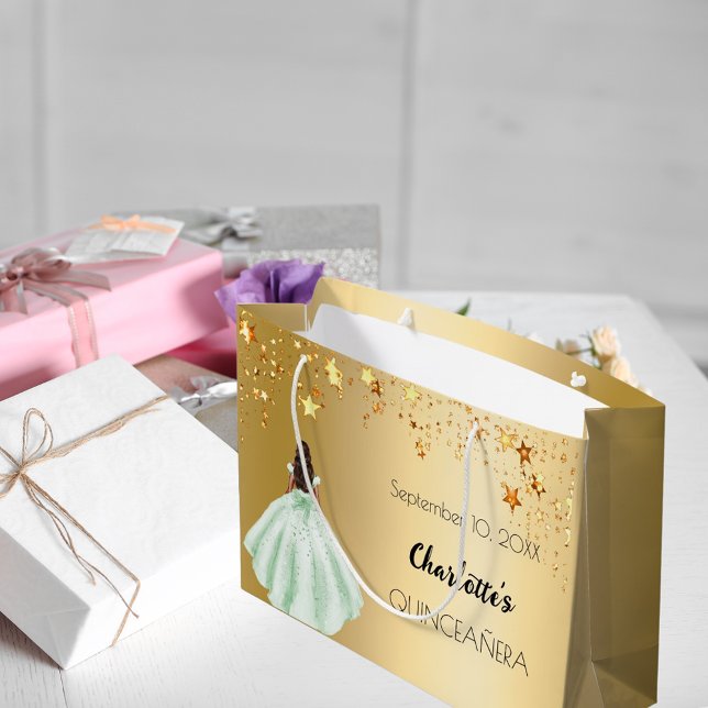 Bolsa De Regalo Grande Quinceanera estrellas de oro vestido verde (Subido por el creador)