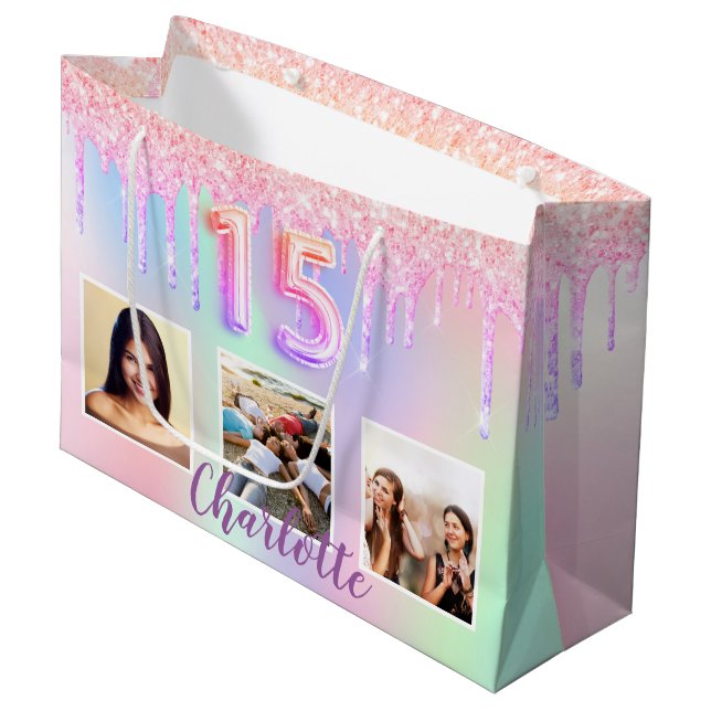 Bolsa De Regalo Grande Quinceanera foto holográfica rosa (Angulo Anverso)