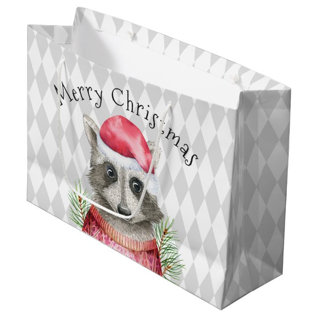 Bolsa De Regalo Grande Raccoon en Santa Hat con el patrón Harlequin (Angulo Anverso)