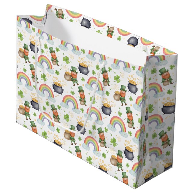 Bolsa De Regalo Grande Rainbows Shamrocks Leprechauns St Patrick's Day  (Angulo Anverso)