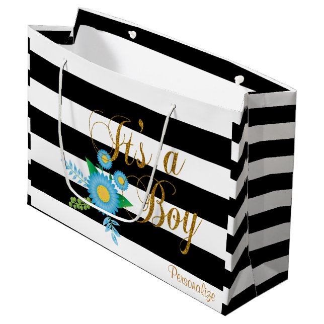 Bolsa De Regalo Grande Rayas blancos y negros elegantes con floral azul (Angulo Anverso)