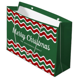 Bolsa De Regalo Grande Rayas Modernas Verdes y Rojas Feliz Navidad
