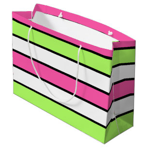 Bolsa De Regalo Grande Rayas rosadas calientes, verde limón, negro y blan