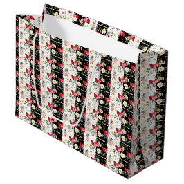 Bolsa De Regalo Grande Rayas verticales florales rosadas en blanco y negr