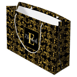 Bolsa De Regalo Grande Real Negro y Dorado Damask Floral Nombre Personali