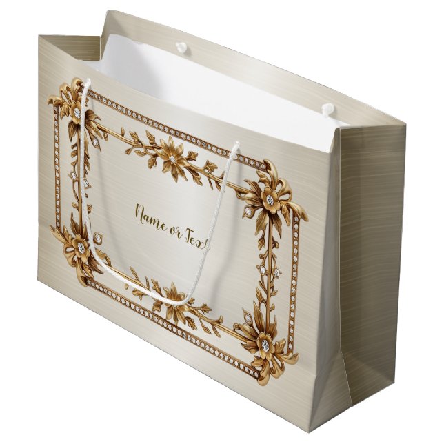 Bolsa De Regalo Grande Rectángulo Dorado Ornamentado Flores de Diamante B (Angulo Anverso)