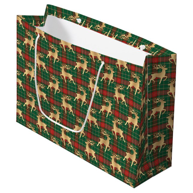 Bolsa De Regalo Grande Red and Green Plaid with Faux Gold Reindeer (Angulo Anverso)