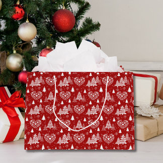 Bolsa De Regalo Grande Red and White Scandinavian Heart & Christmas Tree