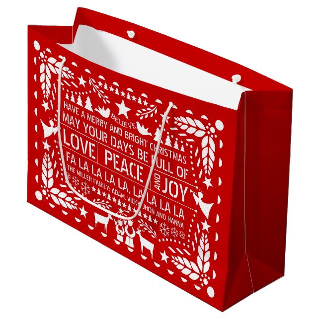 Bolsa De Regalo Grande Red, blanco Love Peace Joy papel de Navidades de p (Angulo Anverso)