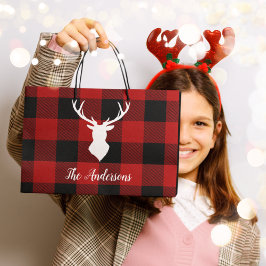 Bolsa De Regalo Grande Red Buffalo Plaid & Deer | Entrega de nombre perso