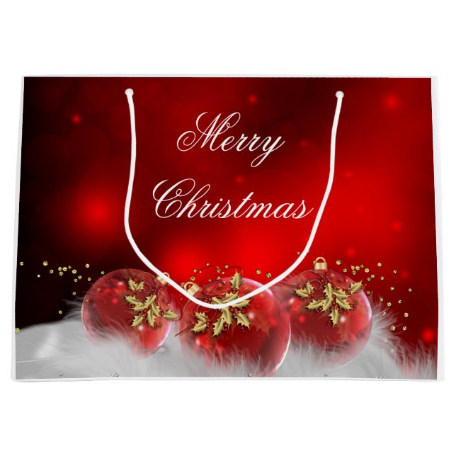 Bolsa De Regalo Grande Red & Gold Holly Baubles Feliz Navidad (Anverso)