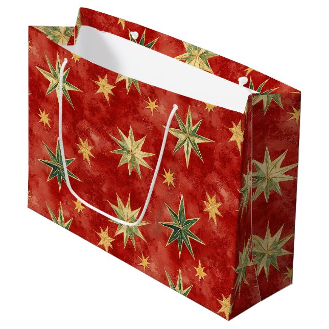 Bolsa De Regalo Grande Red Green Gold Stars Christmas (Angulo Anverso)