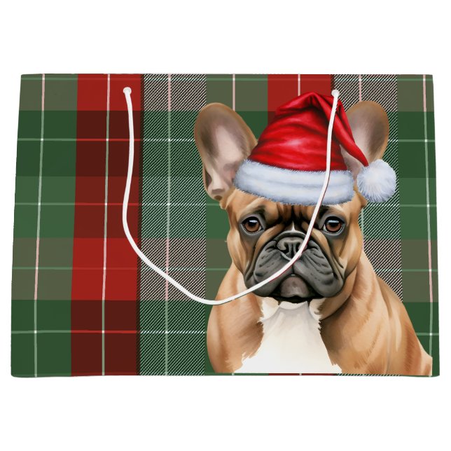 Bolsa De Regalo Grande Red Green Plaid Frenchie Dog Lover Holiday (Anverso)
