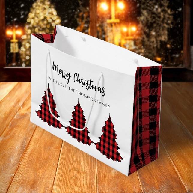 Bolsa De Regalo Grande Red Merry Christmas Buffalo Check Personalizado (Merry Christmas holiday gift wrap with buffalo check pattern Christmas Trees)