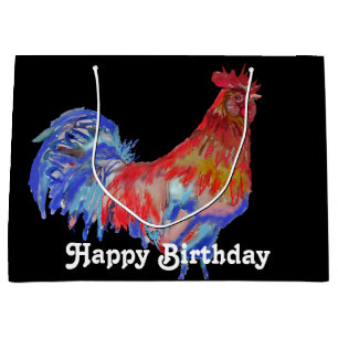 Bolsa De Regalo Grande Red Rooster Watercolor Mans Birthday Black