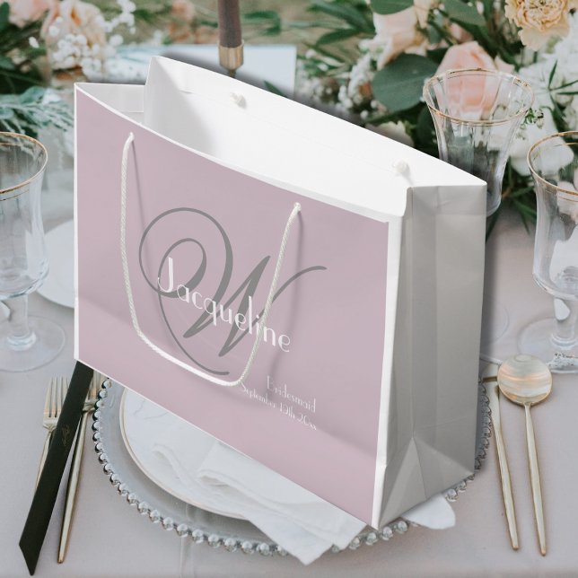 Bolsa De Regalo Grande Regalo de dama de honor Monograma elegante + Nombr (A Perfect Bridesmaid Gift Elegant Monogram + Name Blush Pink, White & Gray Large Gift Bag.)