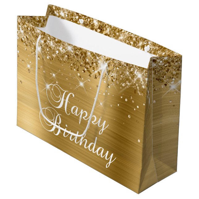 Bolsa De Regalo Grande Relieve metalizado dorado Purpurinoso Fancy Happy  (Angulo Anverso)