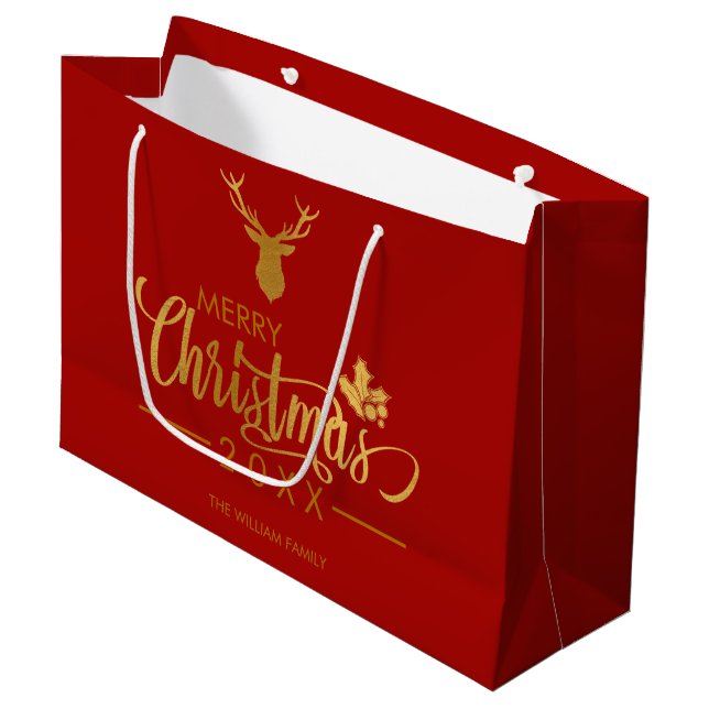 Bolsa De Regalo Grande Relieve metalizado dorado venado Feliz Navidad Roj (Angulo Anverso)