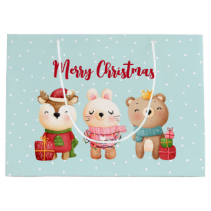 Bolsa De Regalo Grande Reno, oso y conejo Feliz Navidad