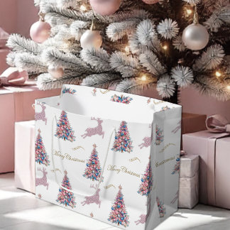 Bolsa De Regalo Grande Renos Brillantes y Arboles de Navidad Pastel Rosa