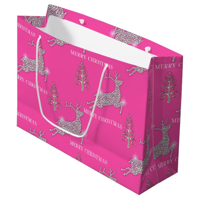 Bolsa De Regalo Grande Renos de diamante parpadeando a Navidades rosados (Angulo Anverso)