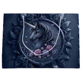 Bolsa De Regalo Grande Retrato negro de unicornio en un marco redondo