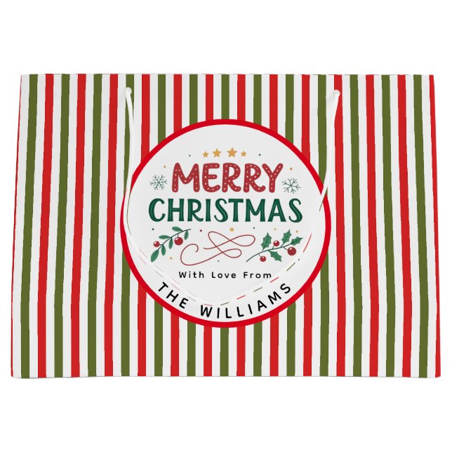 Bolsa De Regalo Grande Retro Christmas Stripe Pattern Custom Christmas (Anverso)