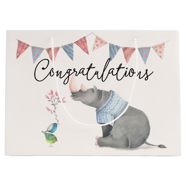 Bolsa De Regalo Grande Rinoceronte bebé y birdies niño pintado (Anverso)