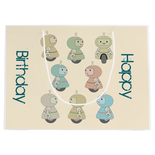 Bolsa De Regalo Grande Robots retro de cumpleaños felices personalizados (Anverso)