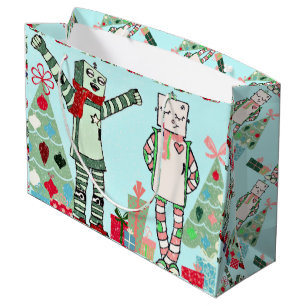 Bolsa De Regalo Grande Robots y árbol en colores pastel del día de fies