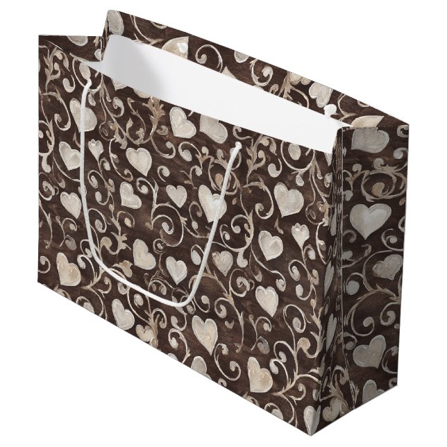 Bolsa De Regalo Grande Romantic Cream Brown Hearts Bridal Shower (Angulo Anverso)