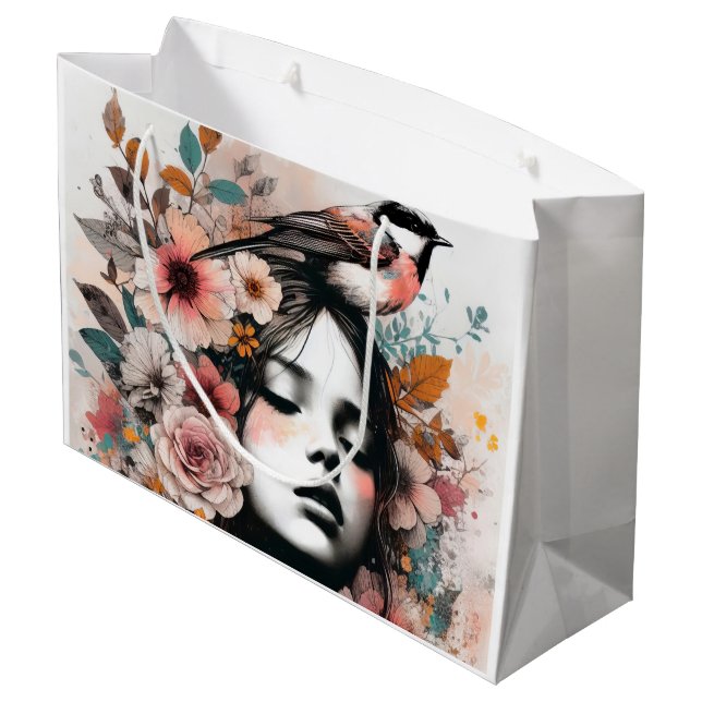 Bolsa De Regalo Grande Romantic Floral Woman with Delicate Bird Details (Angulo reverso)
