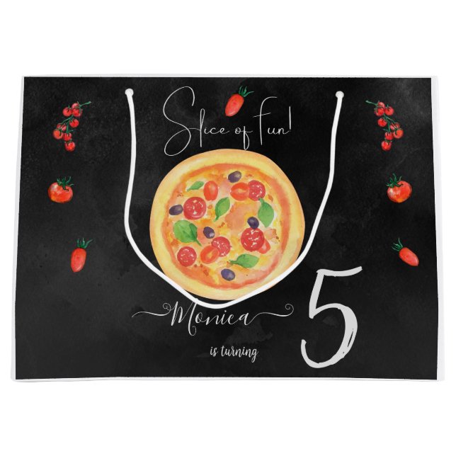 Bolsa De Regalo Grande Ropa de diversión, cumpleaños de pizza (Anverso)