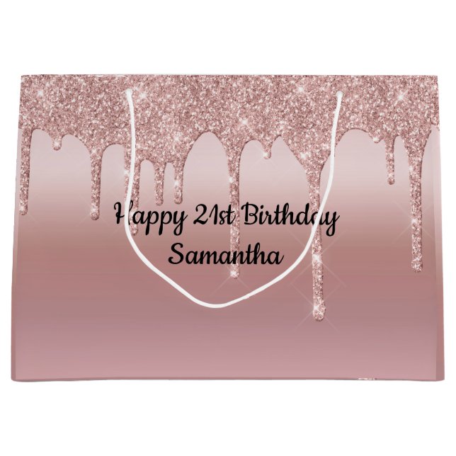 Bolsa De Regalo Grande Rosa Claro Rosa Oro Goteo Glitter Personalizado (Anverso)