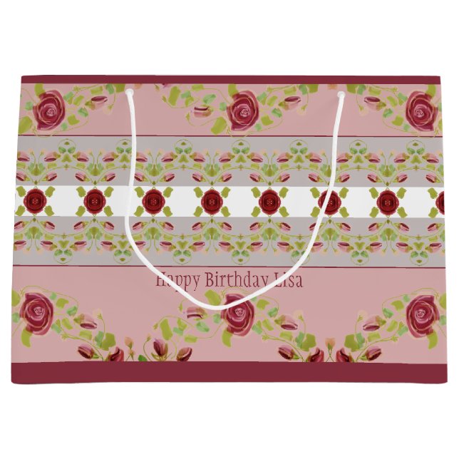 Bolsa De Regalo Grande Rosa Con Floral Borgoña (Anverso)