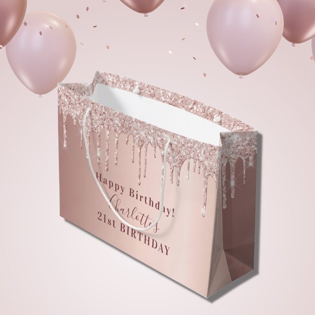 Bolsa De Regalo Grande Rosa de cumpleaños purpurina de oro gotea monogram (Subido por el creador)