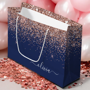 Bolsa De Regalo Grande Rosa de Oro Azul Marino Brillo Rosa Monograma