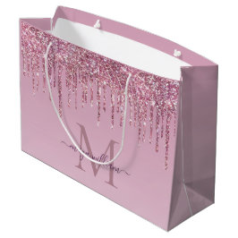 Bolsa De Regalo Grande Rosa De Perforaciones Purpurinas Monograma Y Nombr