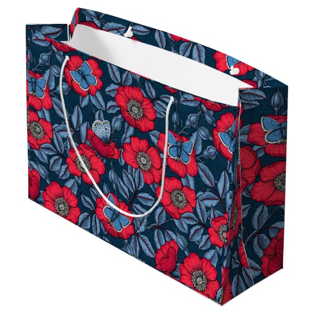 Bolsa De Regalo Grande Rosa de perro y mariposas en azul y rojo (Angulo reverso)