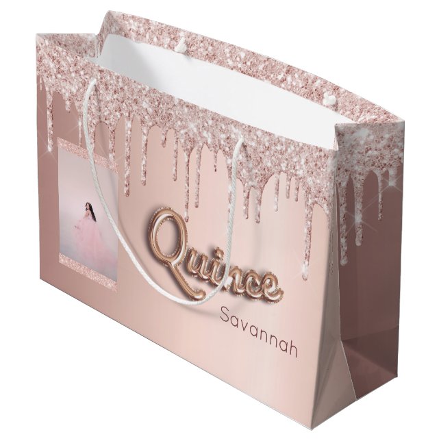 Bolsa De Regalo Grande Rosa de Quinceanera purpurina de oro personalizado (Angulo reverso)