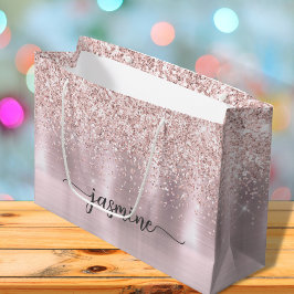 Bolsa De Regalo Grande Rosa Dorado Brillo Chica Monograma Nombre Script