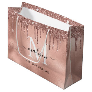 Bolsa De Regalo Grande Rosa Dorado Metálico Monograma con Brillo Rosado G
