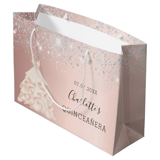 Bolsa De Regalo Grande Rosa dorado vestido de plata nombre Quinceanera (Angulo reverso)