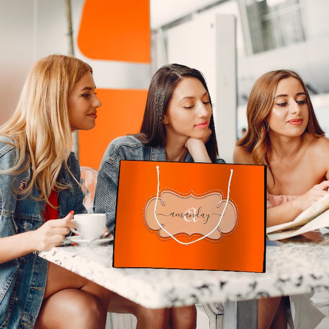 Bolsa De Regalo Grande Rosa Naranja Rosado Monograma Real Novia (Rose Pink Orange Royal Monogram Name Bridal Large Gift Bag)