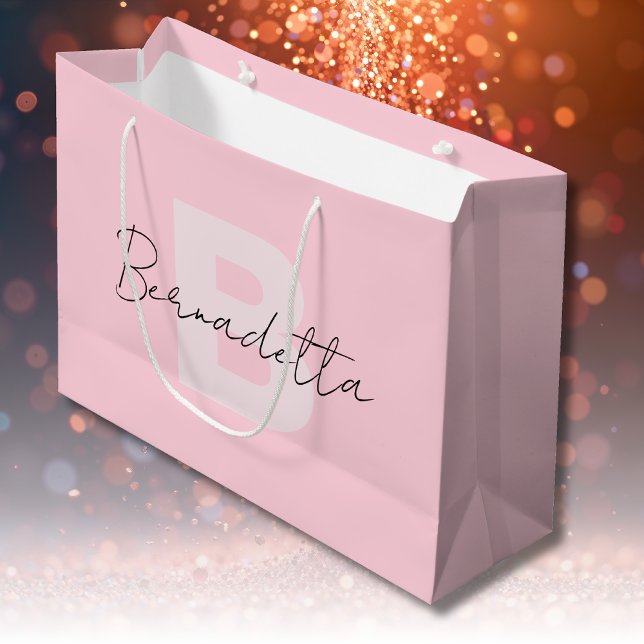 Bolsa De Regalo Grande Rosa pastel | Guión de nombre manuscrito elegante (Subido por el creador)